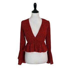 Nasty Gal Deep V Neck Top Size 2 Red Peplum Ruffle Long Sleeve Romantic Feminine
